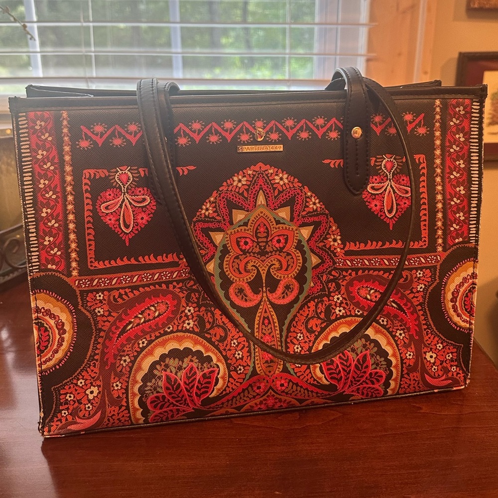 Spartina large-ish shoulder bag. Black with red, pink and some turquoise color.